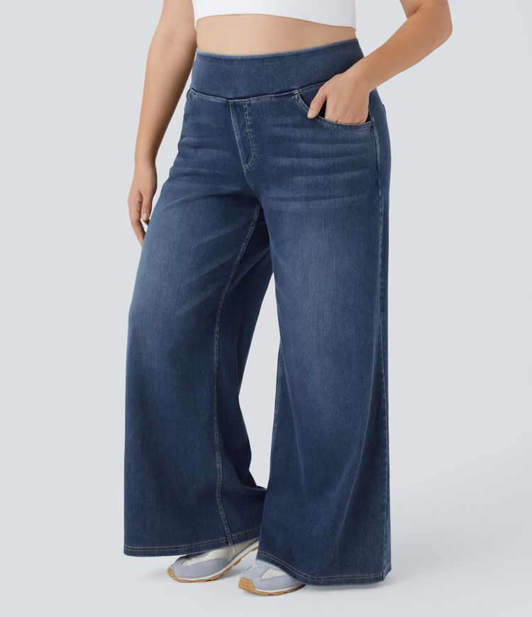 HalaraFlex™ High Waisted Multiple Pockets Wide Leg Washed Stretchy Knit Casual Plus Size Jeans