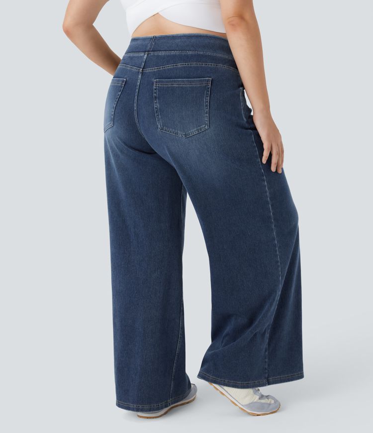 HalaraFlex™ High Waisted Multiple Pockets Wide Leg Washed Stretchy Knit Casual Plus Size Jeans