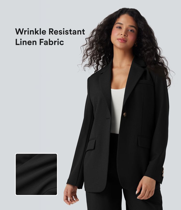 Notched Collar Long Sleeve Work Linen Blazer with Pockets