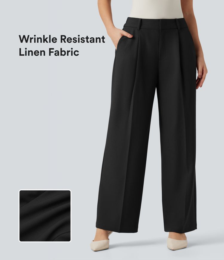 High Waisted Straight Leg Work Linen Pants with Pockets