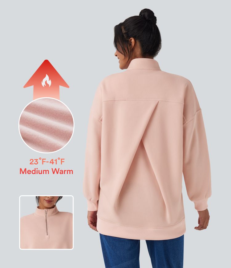 Stand Collar Half Zip Oversize Fleece Casual Sweatshirt with Pockets