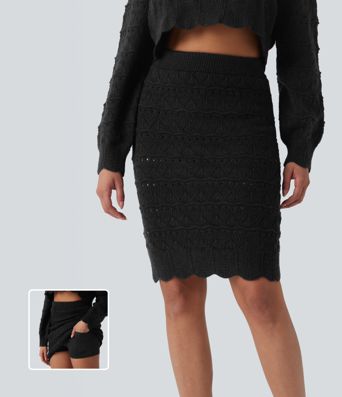 High Waisted 2-in-1 Open Knit Knee Length Casual Sweater Skirt with Pockets