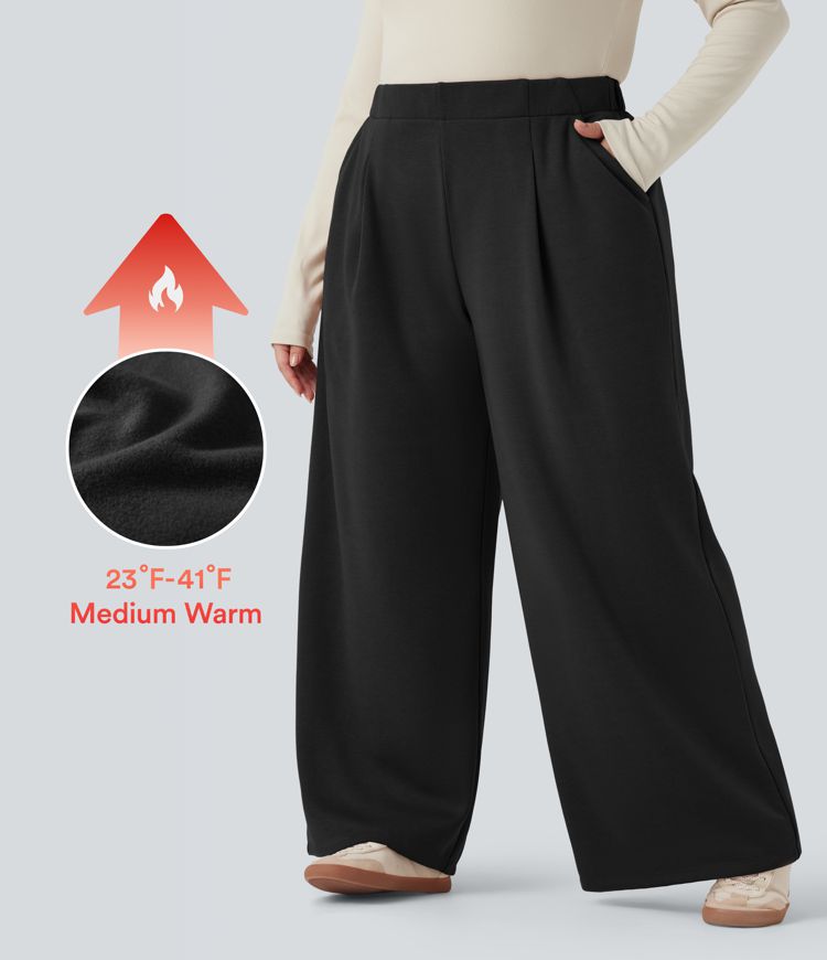 Plus Size High Waisted Wide Leg Fleece Casual Pants with Pockets
