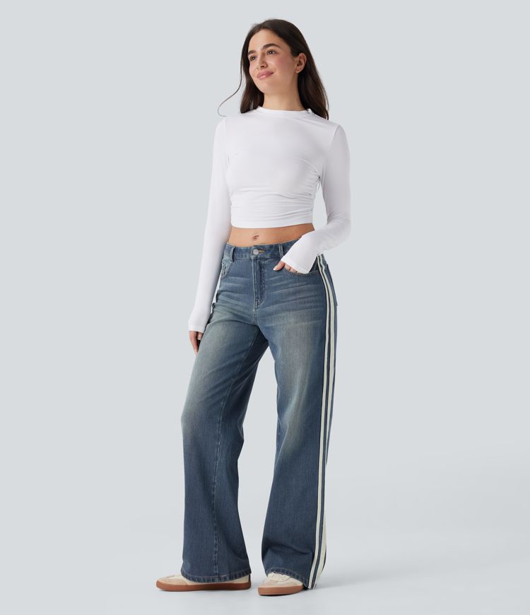 Halara Flex™ Low Rise Stripe Wide Leg Washed Casual Jeans with Pockets