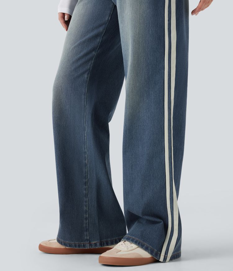 Halara Flex™ Low Rise Stripe Wide Leg Washed Casual Jeans with Pockets