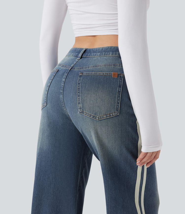 Halara Flex™ Low Rise Stripe Wide Leg Washed Casual Jeans with Pockets
