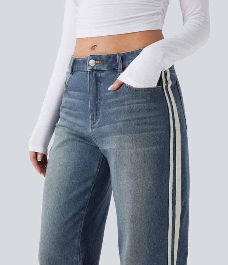 Halara Flex™ Low Rise Stripe Wide Leg Washed Casual Jeans with Pockets