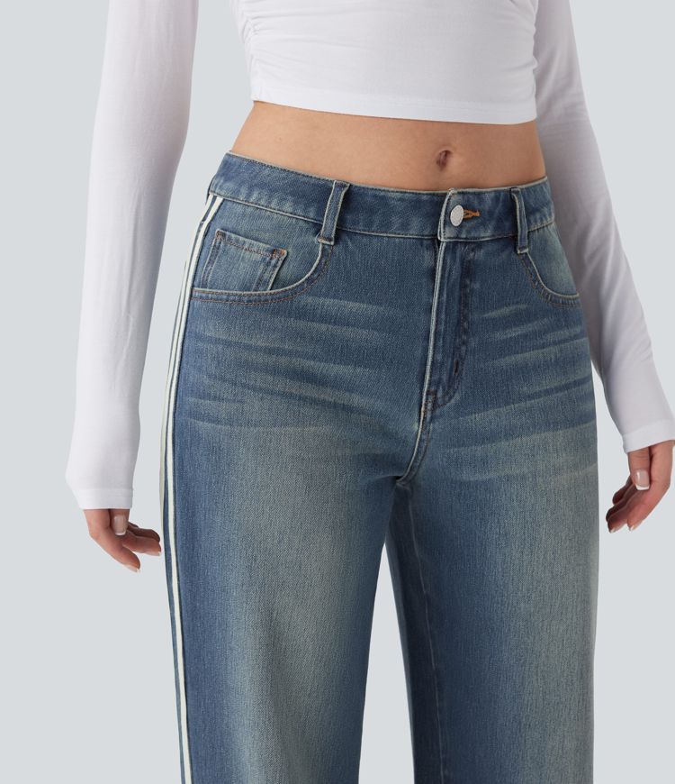 Halara Flex™ Low Rise Stripe Wide Leg Washed Casual Jeans with Pockets