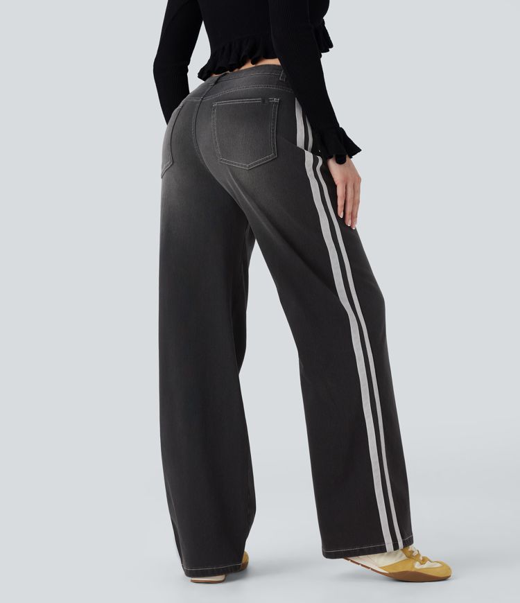 Halara Flex™ Low Rise Stripe Wide Leg Washed Casual Jeans with Pockets