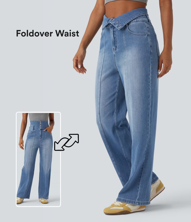 Halara Flex™ Foldover High Waisted Straight Leg Casual Jeans with Pockets