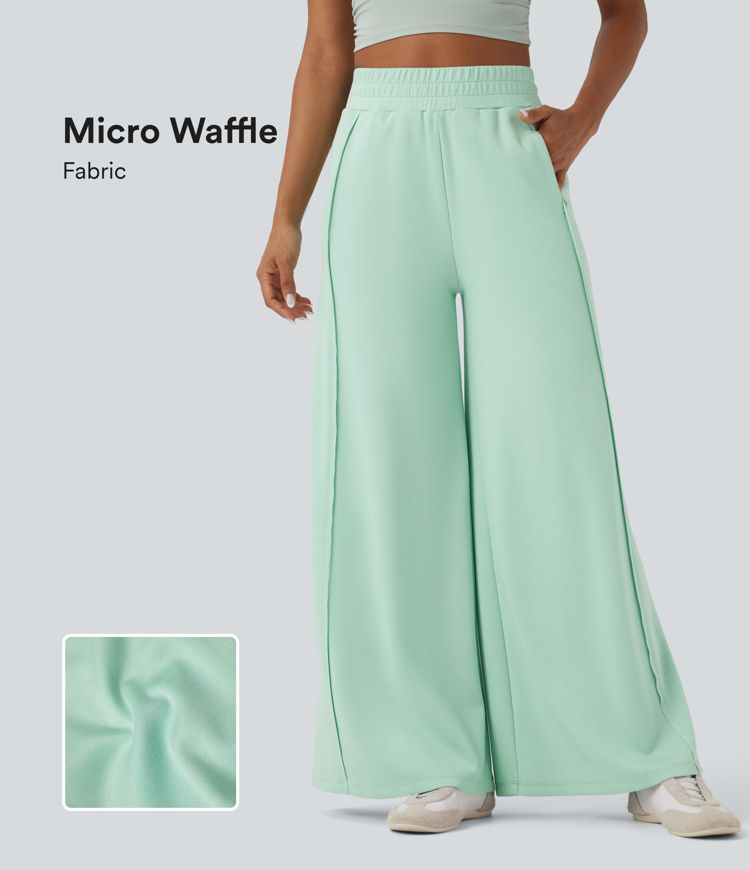 High Waisted Wide Leg Micro Waffle Casual Pants with Pockets