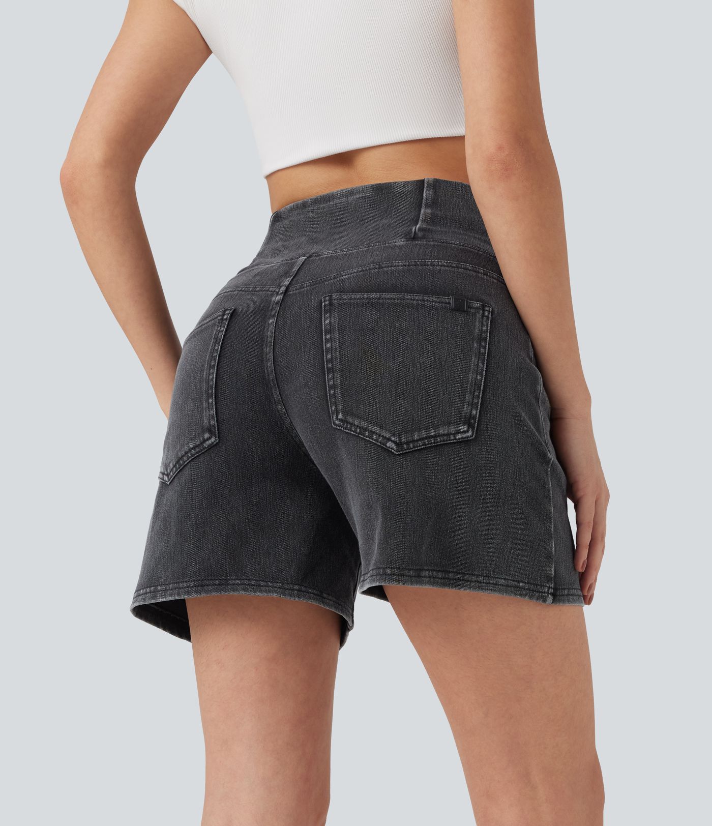 Halara Flex™ Crossover High Waisted Pockets Wide Leg A Line Washed Denim Casual Shorts