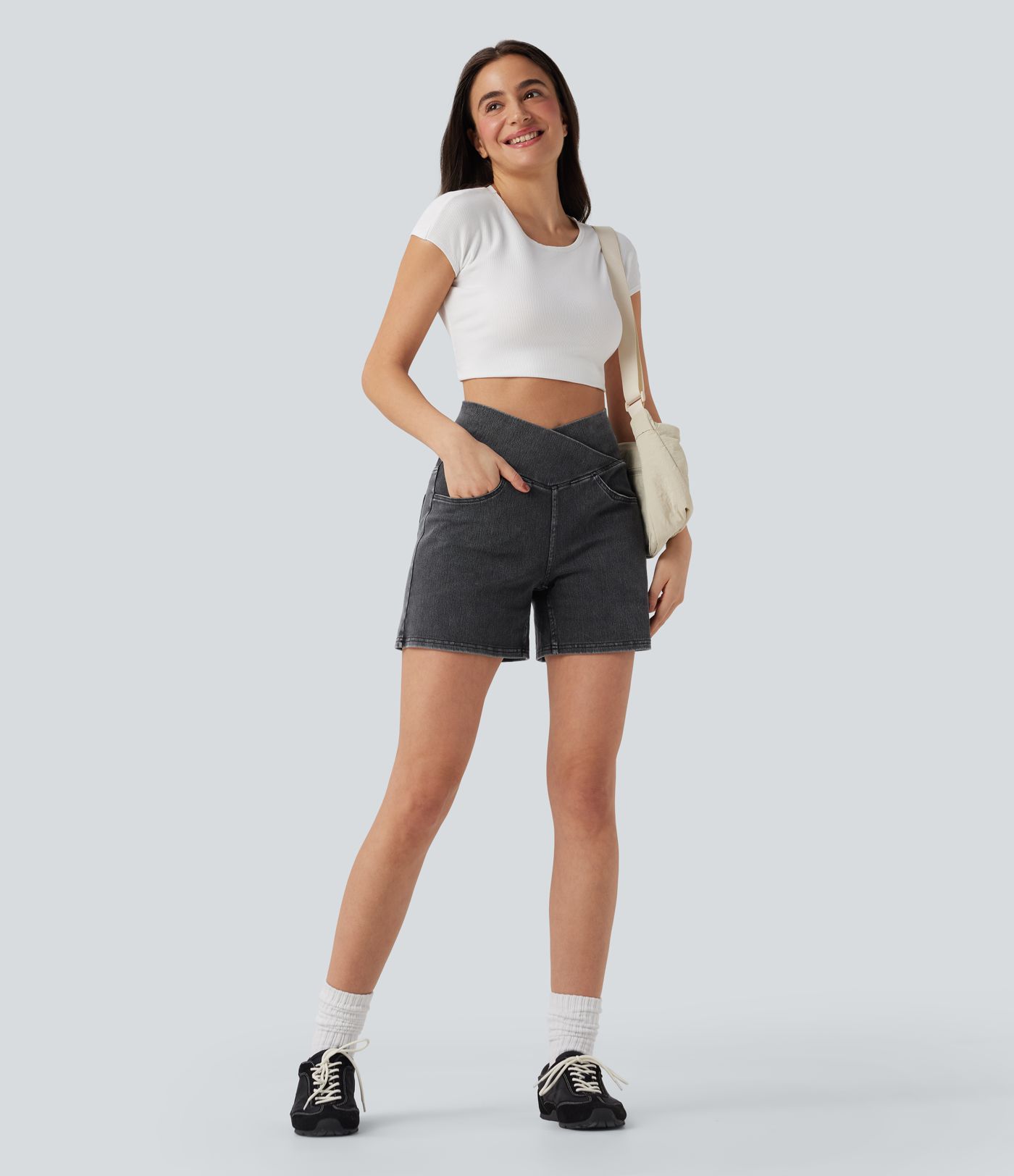 Halara Flex™ Crossover High Waisted Pockets Wide Leg A Line Washed Denim Casual Shorts