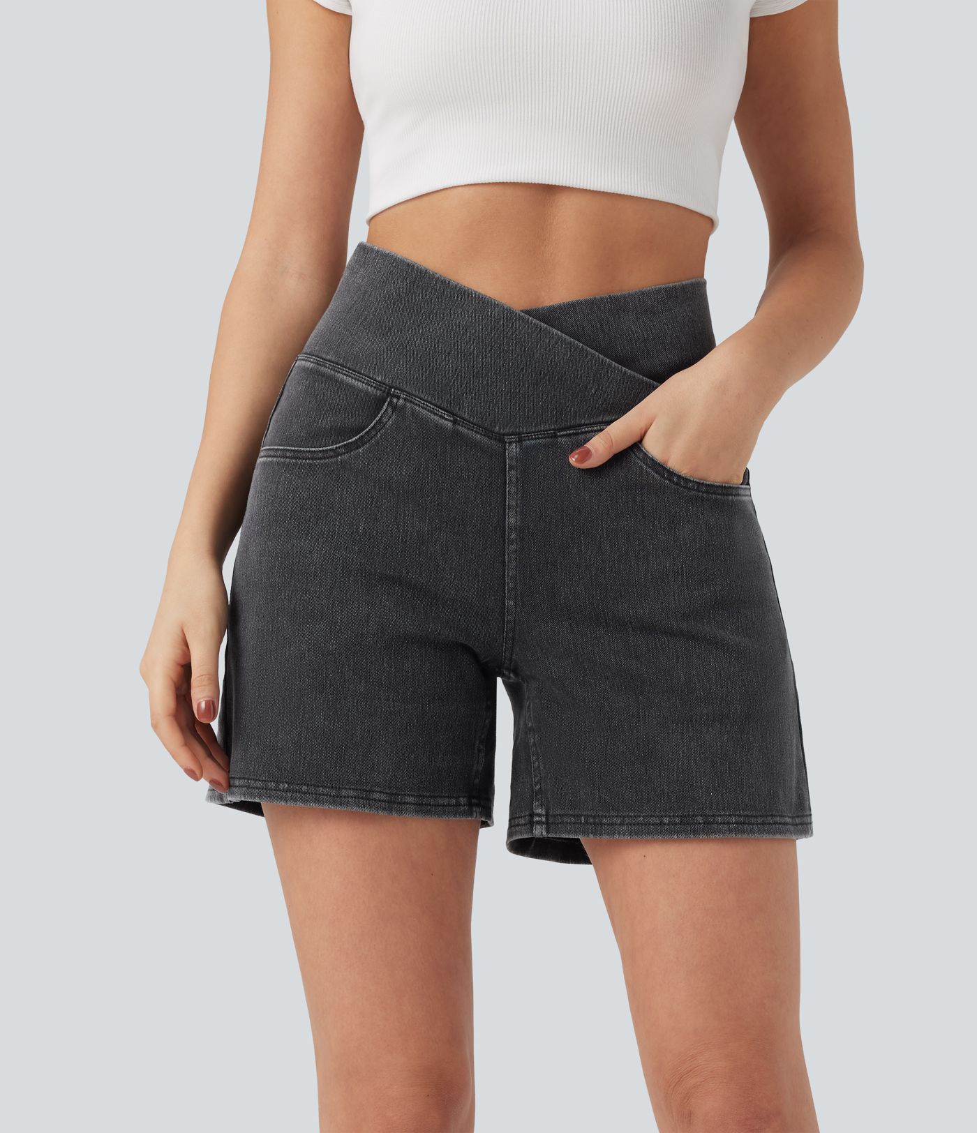 Halara Flex™ Crossover High Waisted Pockets Wide Leg A Line Washed Denim Casual Shorts