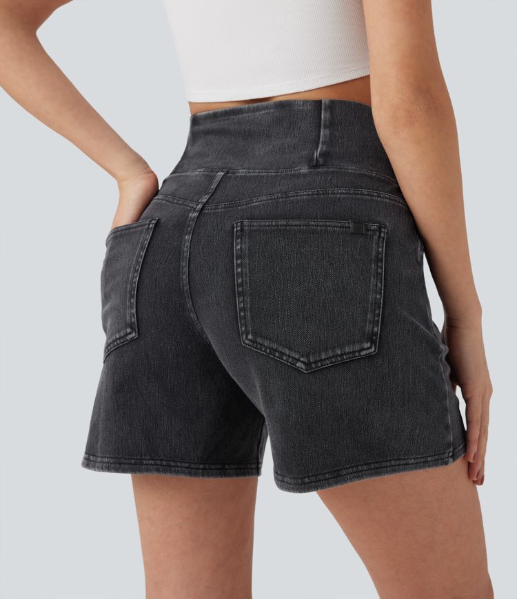 Halara Flex™ Crossover High Waisted Pockets Wide Leg A Line Washed Denim Casual Shorts