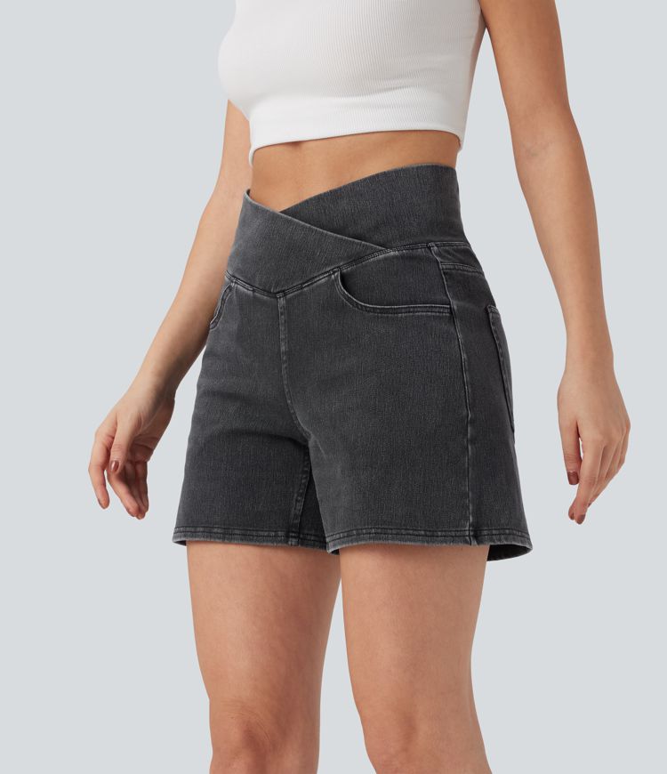 Halara Flex™ Crossover High Waisted Pockets Wide Leg A Line Washed Denim Casual Shorts