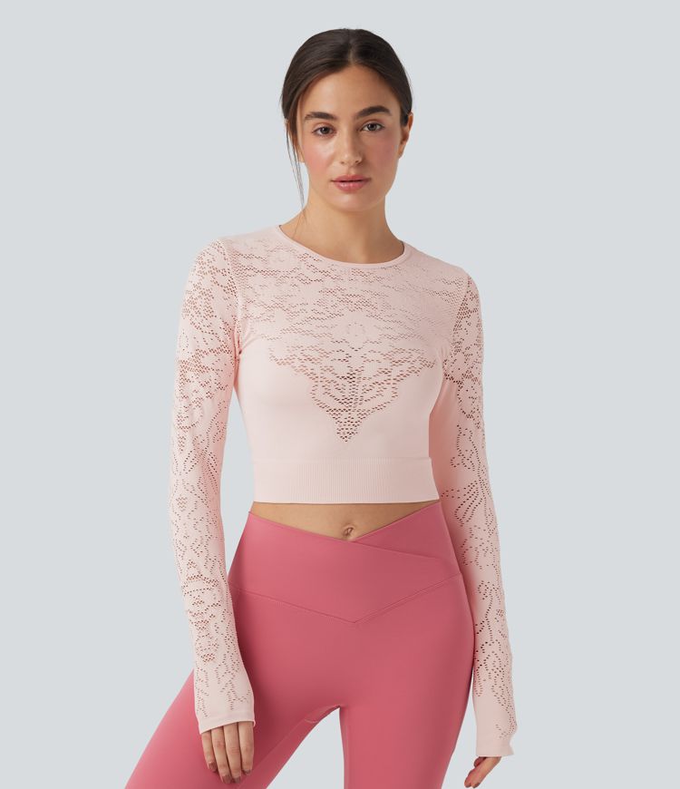 OneForm Seamless Flow Round Neck Long Sleeve Cut Out Cropped Yoga Sports Top