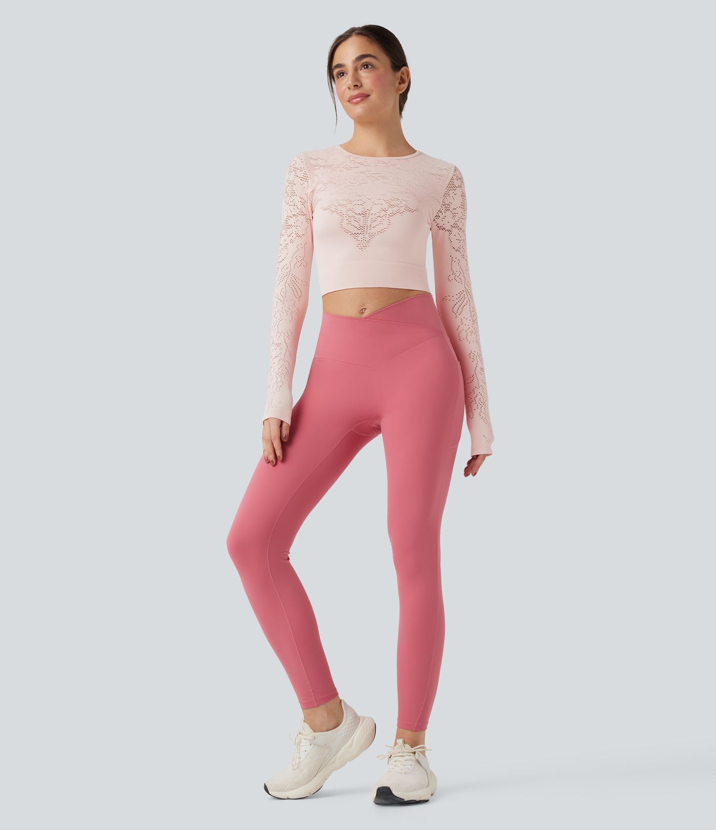 OneForm Seamless Flow Round Neck Long Sleeve Cut Out Cropped Yoga Sports Top