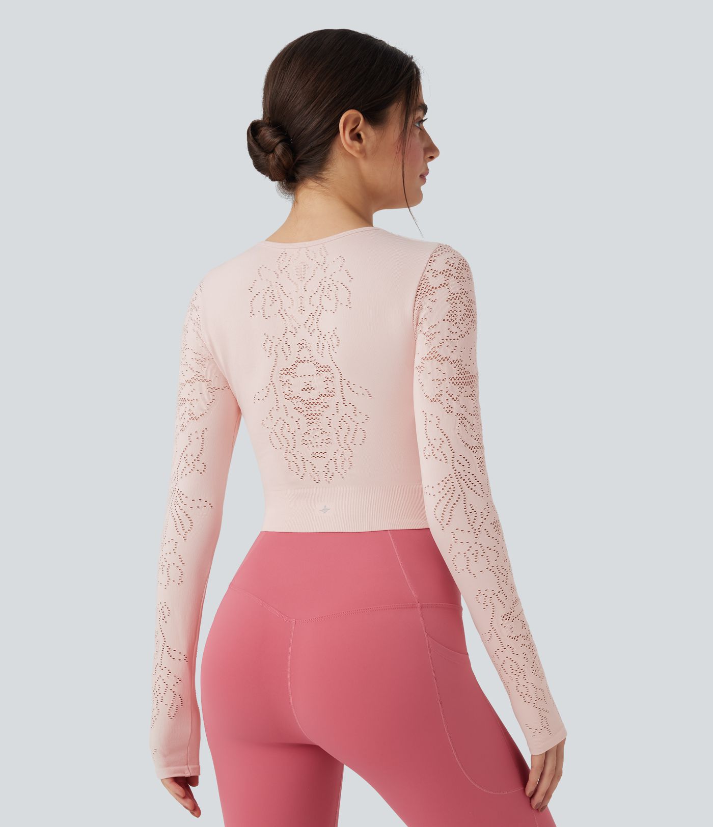 OneForm Seamless Flow Round Neck Long Sleeve Cut Out Cropped Yoga Sports Top