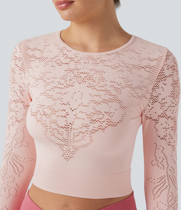 OneForm Seamless Flow Round Neck Long Sleeve Cut Out Cropped Yoga Sports Top