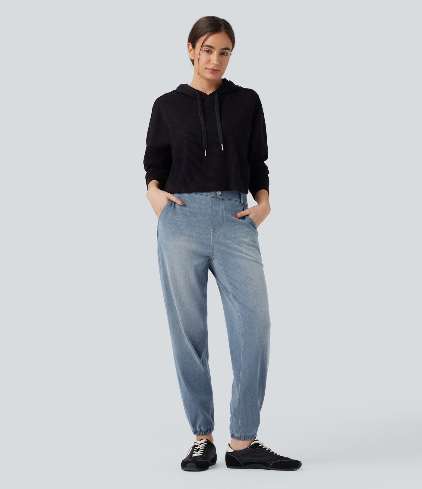 Halara Flex™ Mid Rise Tapered Washed Denim Casual Joggers with Pockets