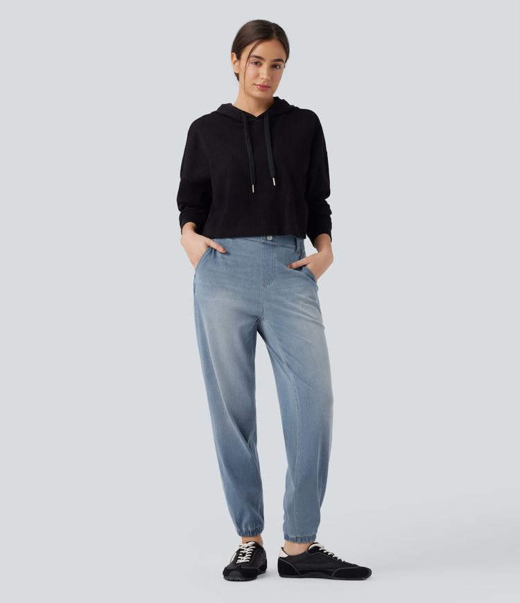 Halara Flex™ Mid Rise Tapered Washed Denim Casual Joggers with Pockets