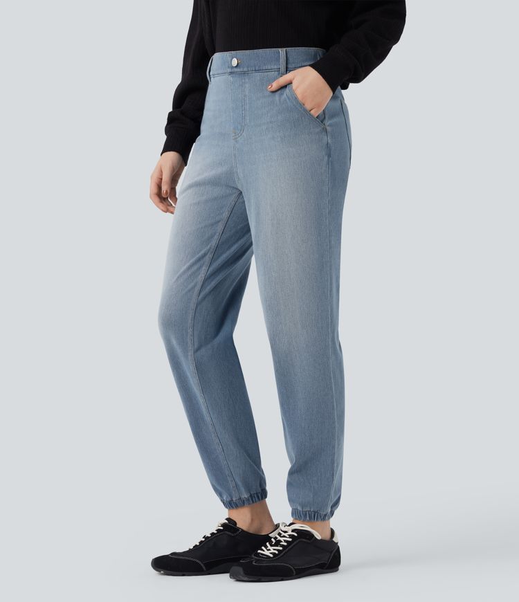 Halara Flex™ Mid Rise Tapered Washed Denim Casual Joggers with Pockets