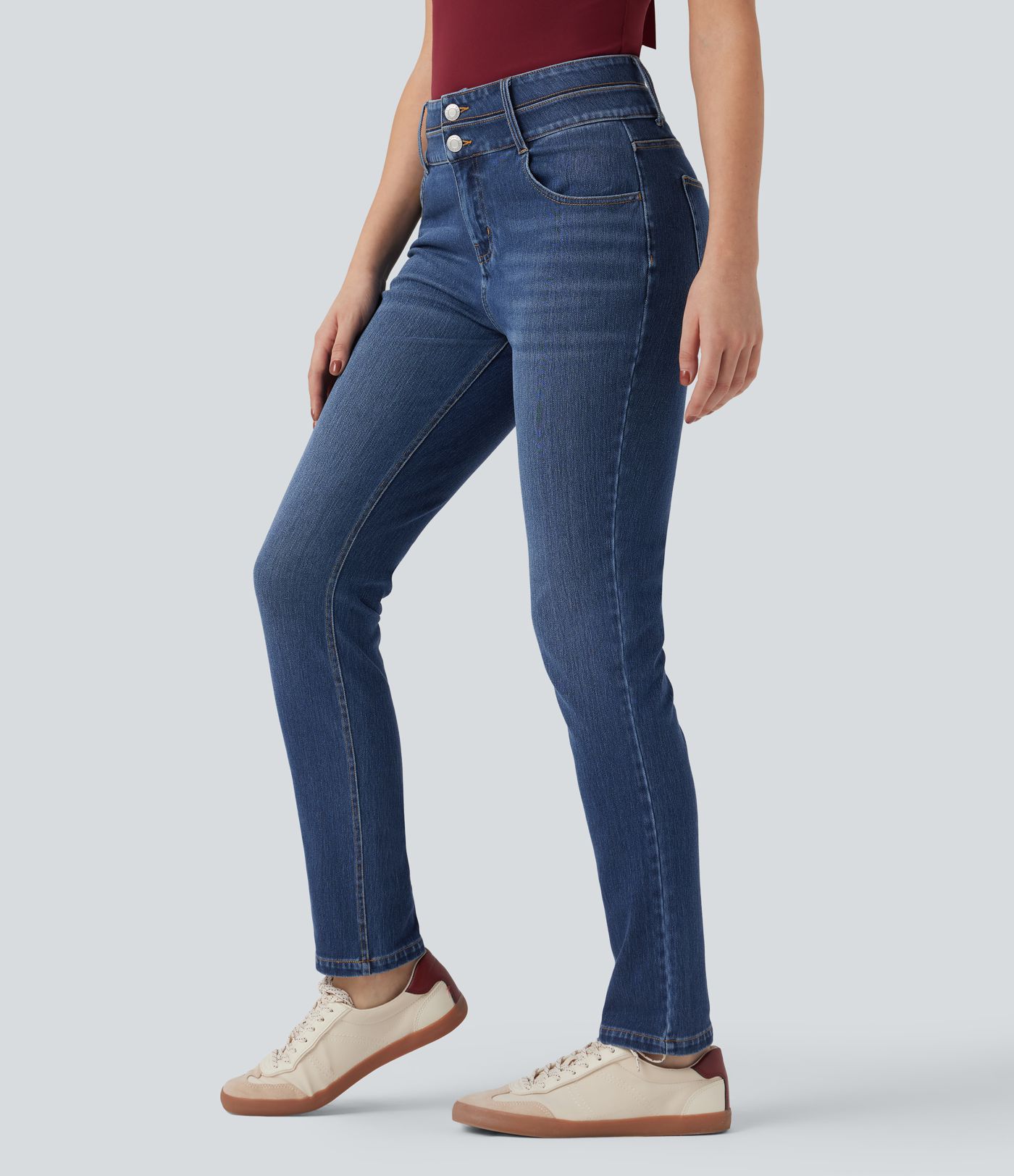 Halara Flex™ Mid Rise Double Waistband Casual Slim Jeans with Pockets