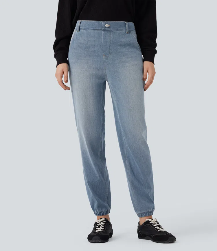 Halara Flex™ - Lässige, verwaschene Denim-Joggers mit mittelhohem Bund, mehreren Taschen und konischem Schnitt