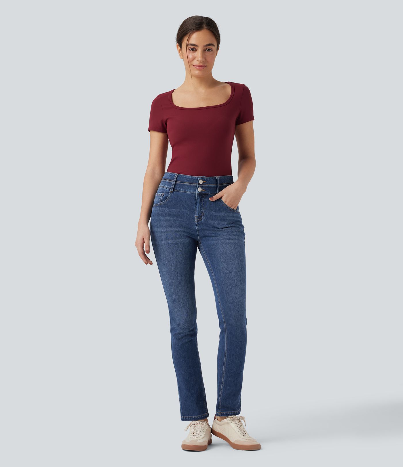 Halara Flex™ Mid Rise Double Waistband Casual Slim Jeans with Pockets