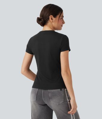 Ribbed Rounded Neckline Short Sleeve Slim Fit Casual T-shirt