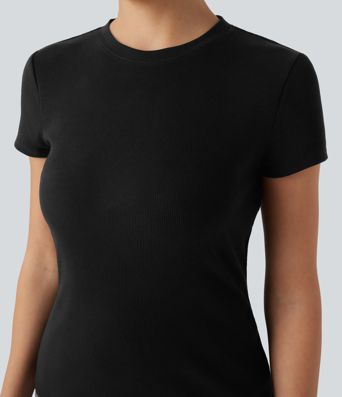 Ribbed Rounded Neckline Short Sleeve Slim Fit Casual T-shirt