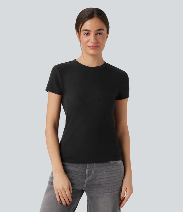 Ribbed Rounded Neckline Short Sleeve Slim Fit Casual T-shirt