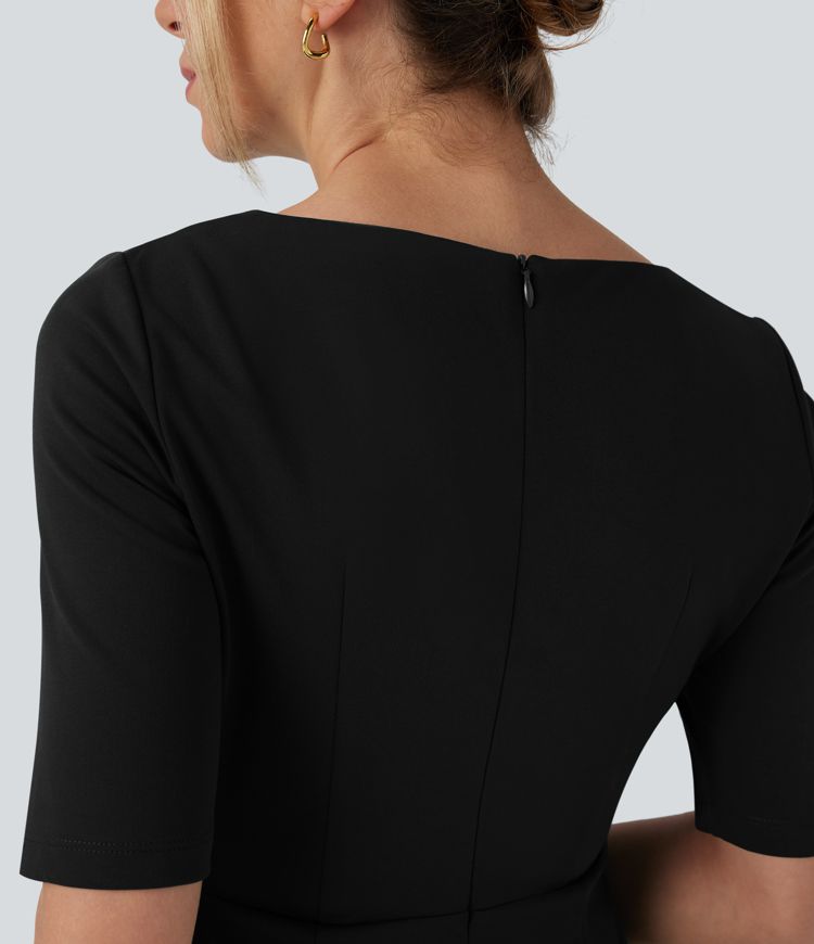 Rounded Neckline Short Sleeve Split Work Dress