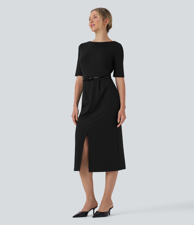 Rounded Neckline Short Sleeve Split Work Dress