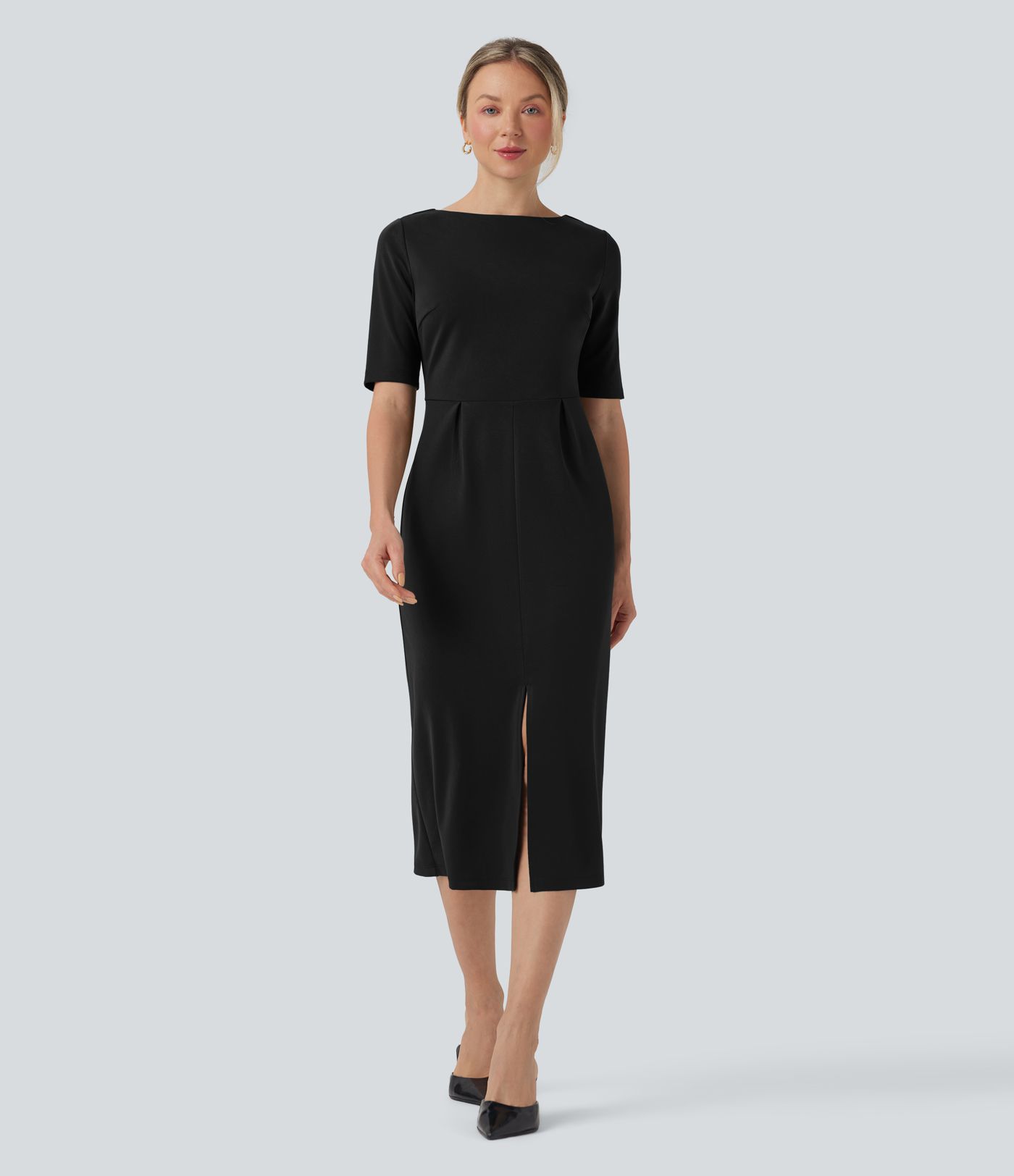 Rounded Neckline Short Sleeve Split Work Dress