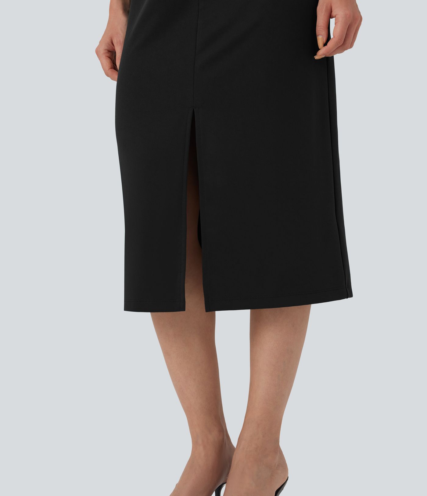 Rounded Neckline Short Sleeve Split Work Dress