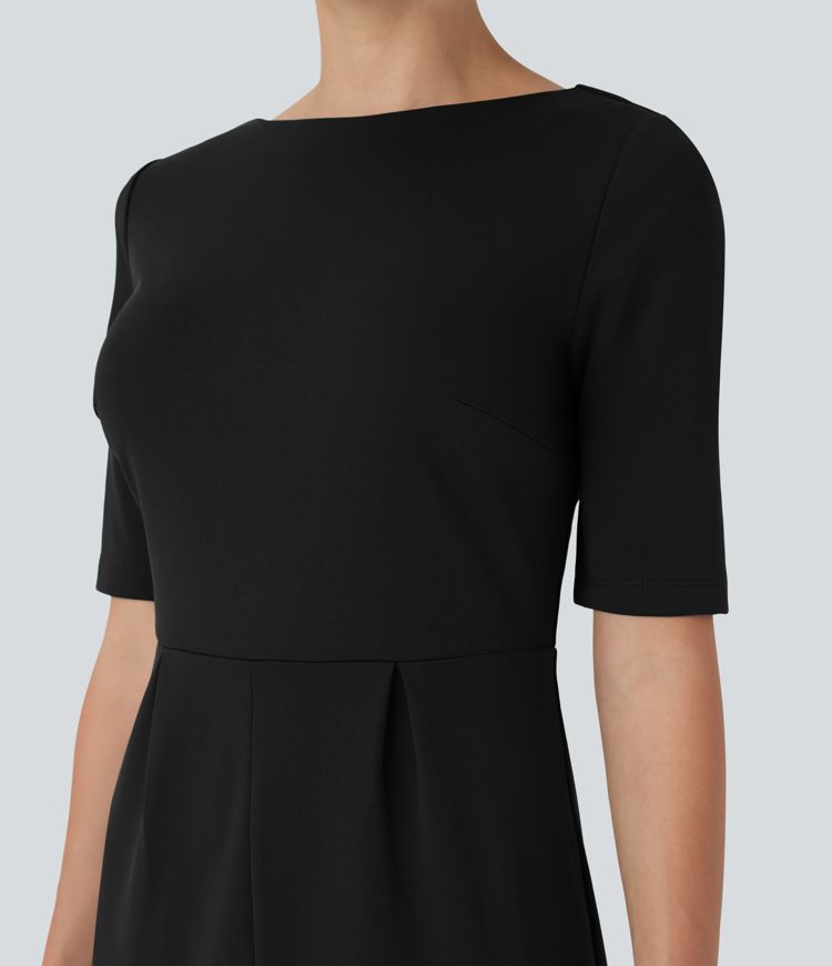 Rounded Neckline Short Sleeve Split Work Dress