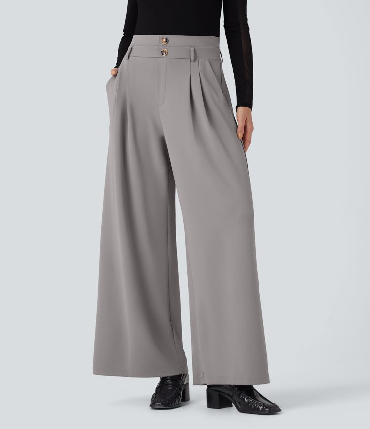 Halara Flex™ High Waisted Double Waistband Wide Leg Crepe Work Pants with Pockets