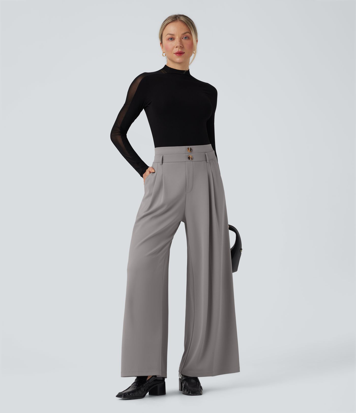 Pantalones de oficina anchos Halara Flex™ de crepé con tiro alto y doble cintura con bolsillos