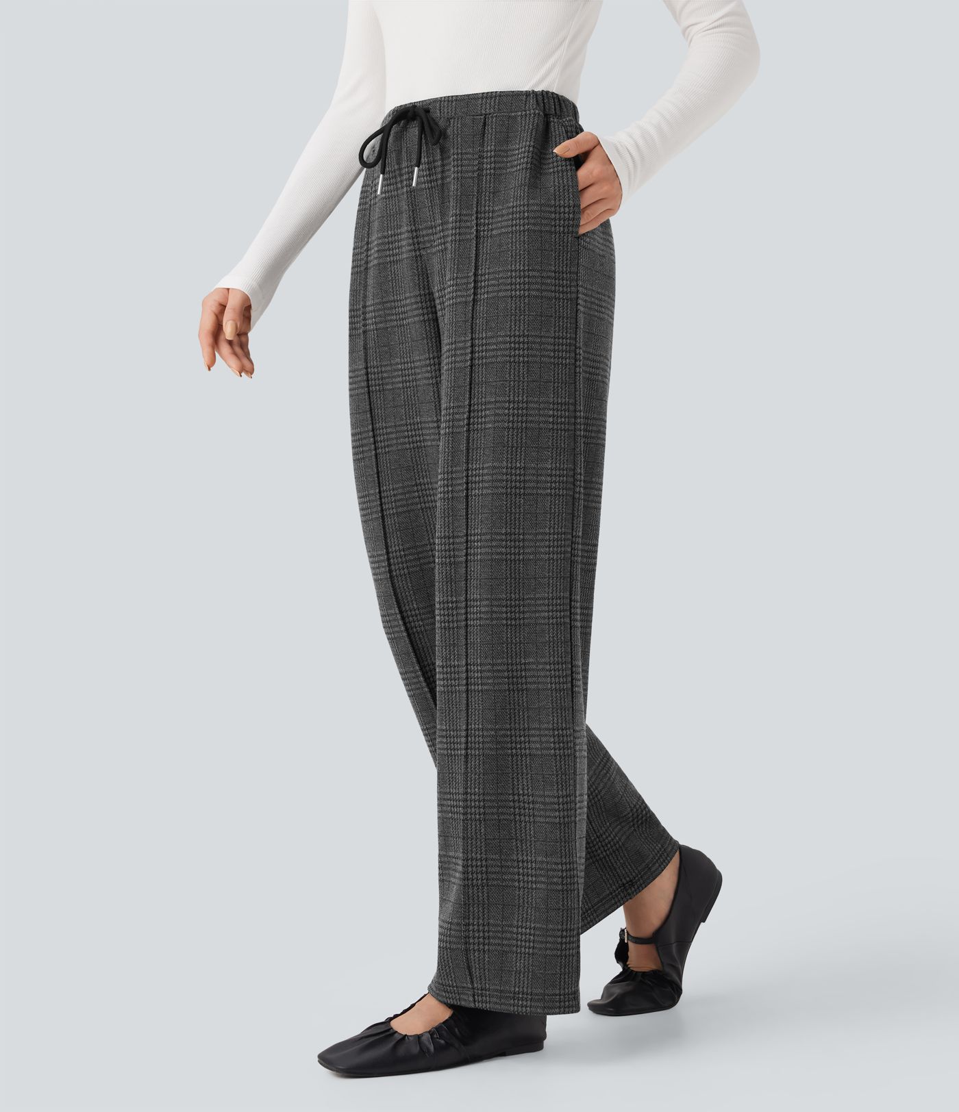 Halara Flex™ Mid Rise Drawstring Plaid Straight-leg Work Pants with Pockets