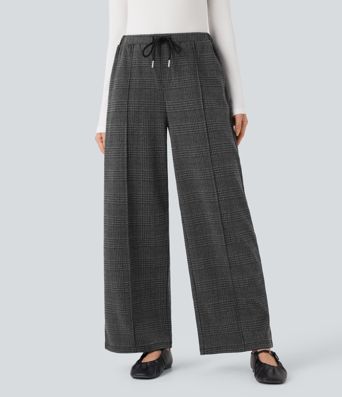 Halara Flex™ Mid Rise Drawstring Plaid Straight-leg Work Pants with Pockets