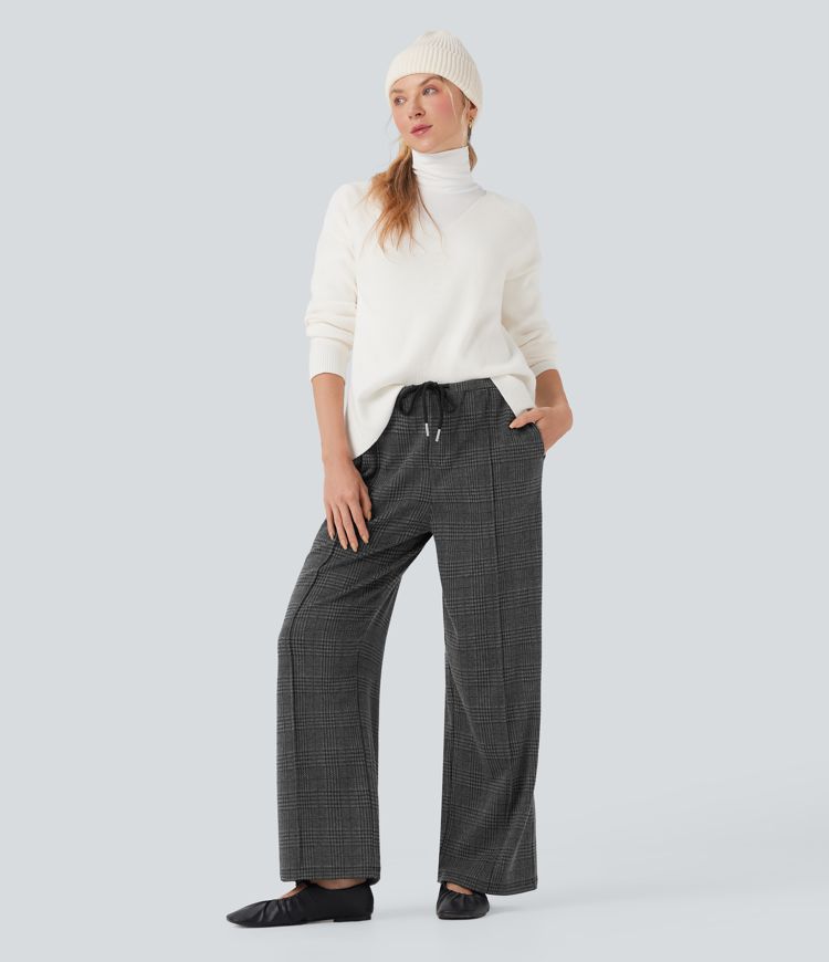 Halara Flex™ Mid Rise Drawstring Plaid Straight-leg Work Pants with Pockets