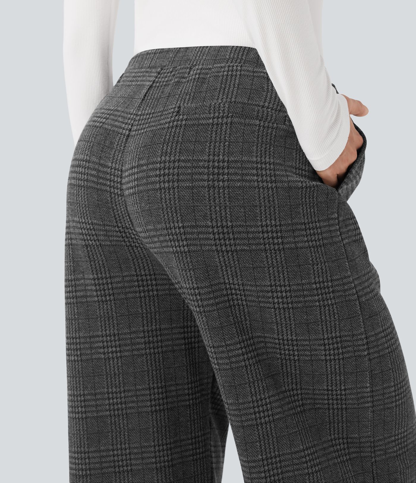 Halara Flex™ Mid Rise Drawstring Plaid Straight-leg Work Pants with Pockets