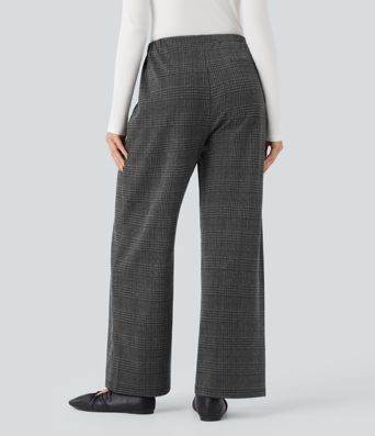 Halara Flex™ Mid Rise Drawstring Plaid Straight-leg Work Pants with Pockets