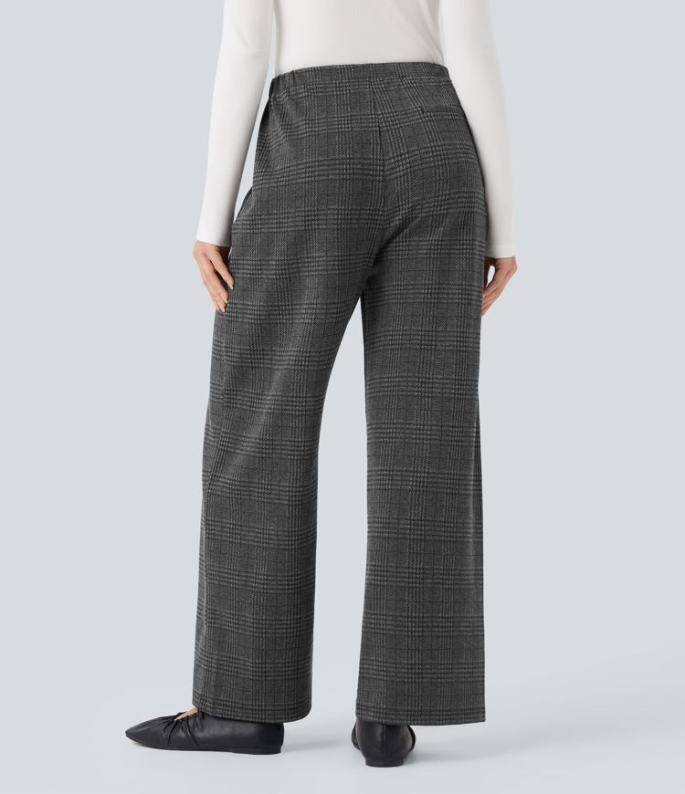 Halara Flex™ Mid Rise Drawstring Plaid Straight-leg Work Pants with Pockets