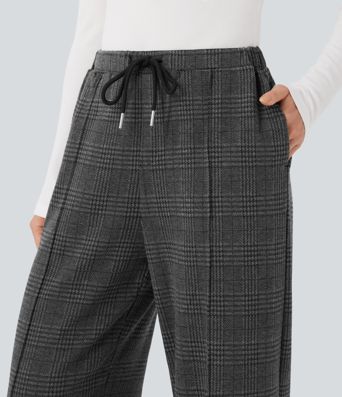 Halara Flex™ Mid Rise Drawstring Plaid Straight-leg Work Pants with Pockets