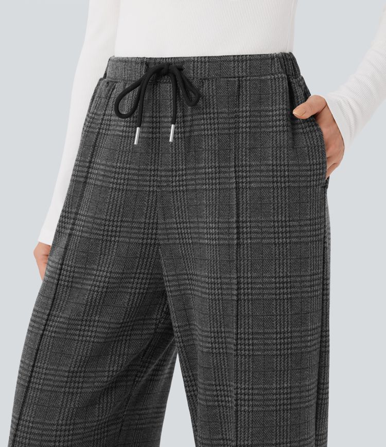 Halara Flex™ Mid Rise Drawstring Plaid Straight-leg Work Pants with Pockets