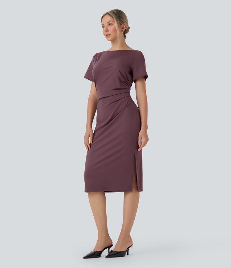 Short Sleeve Ruched Bodycon Midi Work Dress