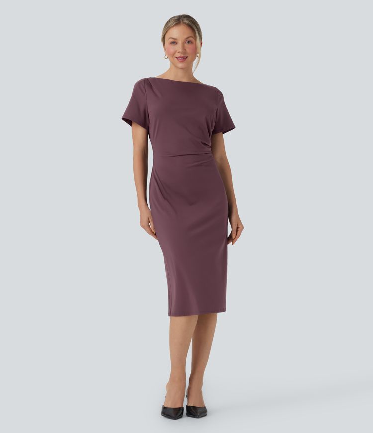 Short Sleeve Ruched Bodycon Midi Work Dress